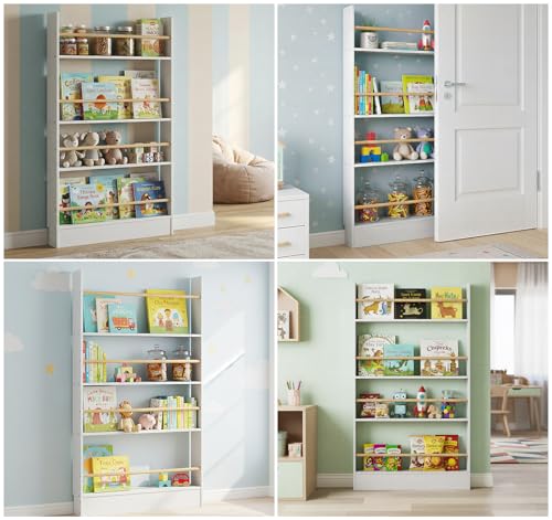 Image of 4 Tier Behind The Door Bookshelf, Space Saving Behind The Door Bookcase Wooden Kids Book Shelf for Bedroom Living Room Study White (120 * 70cm)