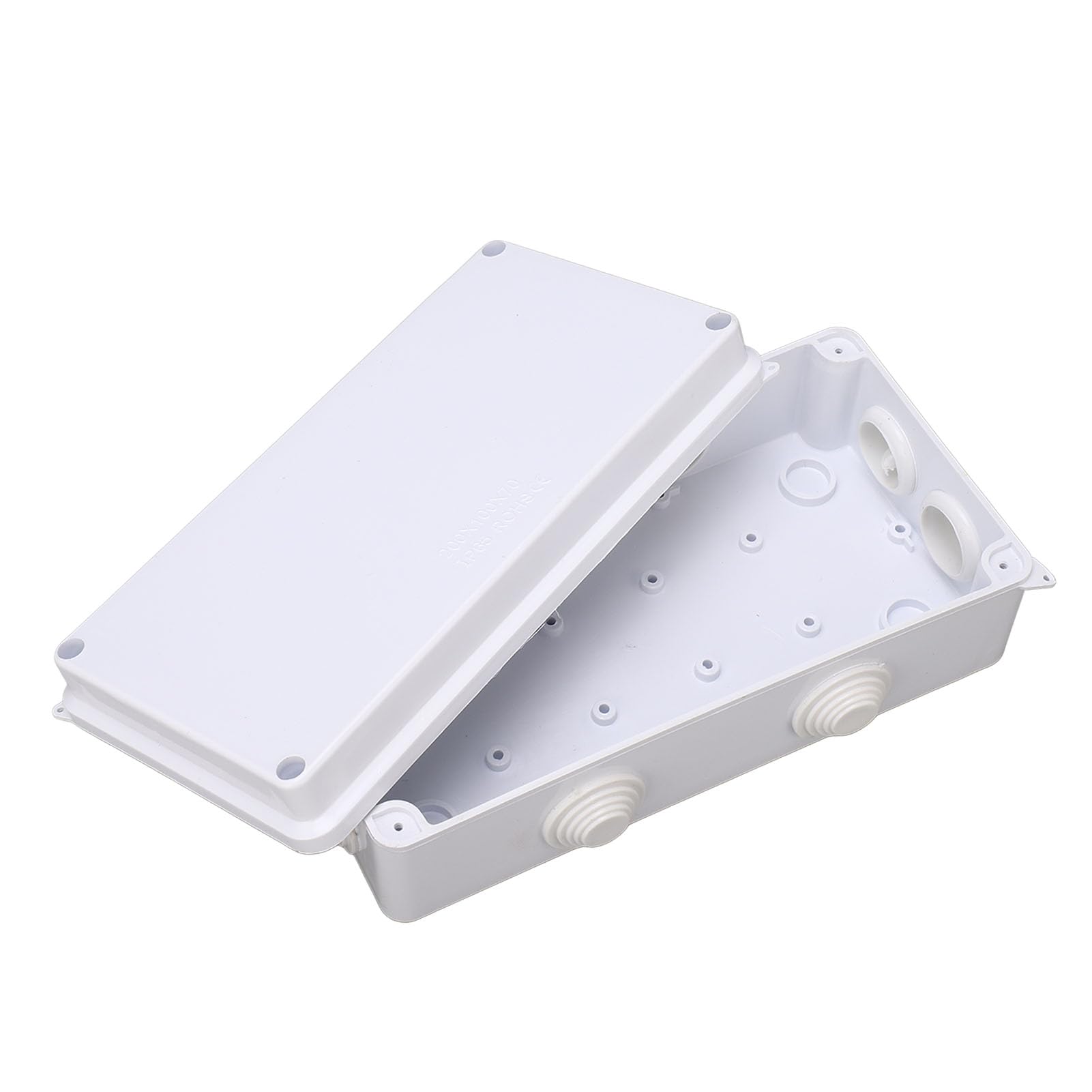 Electrical Junction Box, 200 x 100 x 70 mm, IP65, Weatherproof, Robust ABS Plastic Project Housing with Rubber Plugs