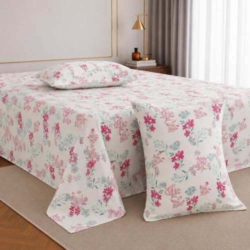 Jaipur Weaves Double Bed Cotton Bedsheet Queen Size 90x100, 100% Pure Cotton Bed Sheet with 2 Pillow Covers, 144 TC Soft Breathable Floral Design – (Blush Garden Pink)