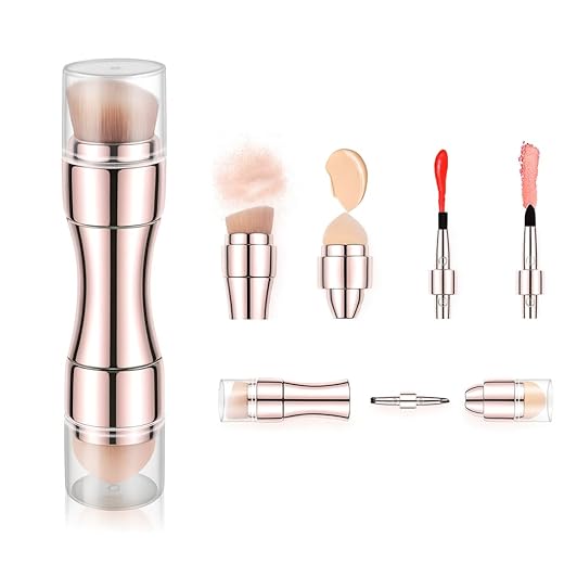 Kit Retrátil 4 em 1 Pincéis de Maquiagem Profissionais Portáteis – Base, Blush, Sombra e Lábios – Design Rose Gold Luxo para Viagem e Uso Diário
