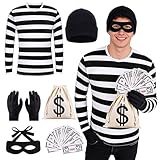 Rakuker Disfraz Ladron Hombre, 6 Piezas Juego de Disfraz Ladron Adulto con Camiseta, Sombrero, Guantes, Antifaz, Cartera y Billete, Disfraz de Ladrón Criminal para Cosplay Carnaval Fiesta (L)