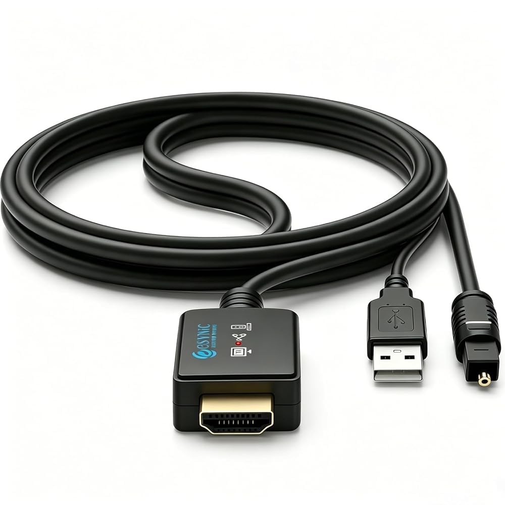 eSynic eARC/ARC zu Optisch Audio Kabel 1,5 m All-in-One HDMI ARC Adapter mit integriertem Audio Extractor 192 kHz/24 Bit Dolby Digital & DTS 5.1 Plug & Play für TV zu Soundbar Heimkino Funkkopfhörer