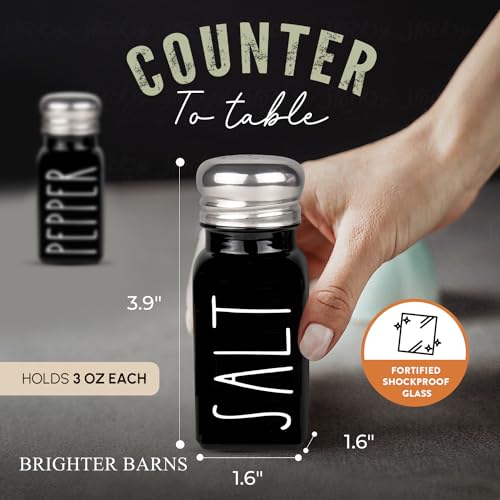 Image of Black Salt and Pepper Shakers Set by Brighter Barns - Cute Kitchen Decor - Gothic or Halloween Kitchen Decor - Glass Shaker with Stainless Steel Lid for Home, Restaurant, Gifts (Black)