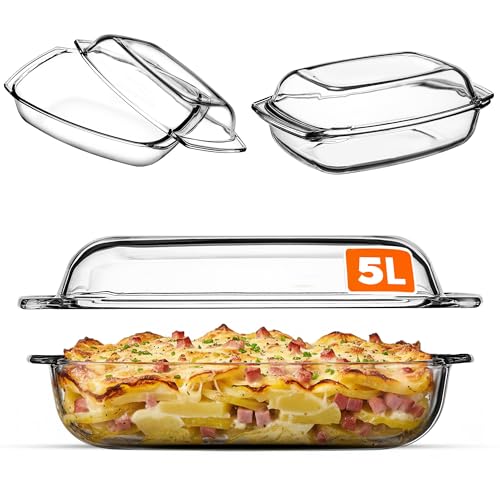 KADAX Plat à Gratin en Verre Résistant à la Chaleur avec Couvercle et Poignées, Cocotte Transparente Idéale pour la Cuisson au Four (Rectangulaire, 5L)