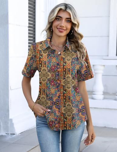 Image of Zeagoo Button Down Shirts for Women Short Sleeve Collared Tops Dressy Casual V Neck Blouses