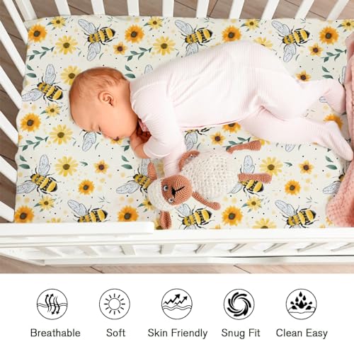 Image of Watercolor Bees Boho Sunflowers Leaves Baby Crib Sheets for Boy and Girl 52 inchx28 inch Bees Retro Floral Crib Mattress Sheet Soft Breathable Baby Bed Sheets for Standard Crib and Toddler Mattresses