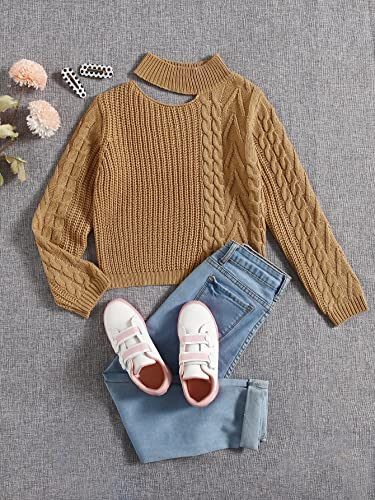OYOANGLE Girl's Solid Color Cut Out Asymmetrical Mock Neck Long Sleeve V Neck Cable Knit Sweater Pullovers Top4
