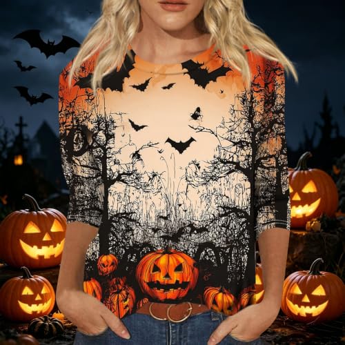 Image of Women Spooky Halloween Graphic Shirt 3 /4 Length Sleeve Crewneck Top | Halloween Funny Printed Pumpkin Plus Size Tshirts 2026 Fall Outfits Skeleton Tee Going Out Tops