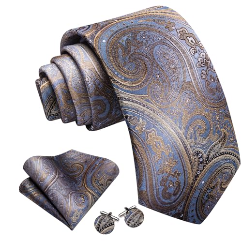 Image of Barry.Wang Men Ties Paisley Woven Silk Necktie Set with Pocket Suqare Cufflinks Formal