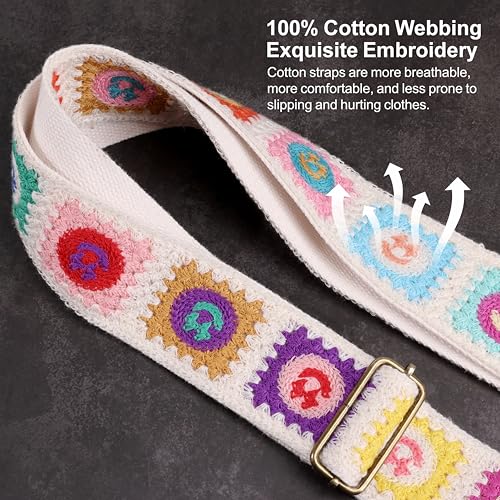 Image of Nefelibata Guitar Strap,Jacquard Embroidery Cotton Guitar Straps with Crazy Horse Leather Ends for Bass, Electric & Acoustic, Best Gifts for Kids, Guitarists(Smiling White Embroidery)