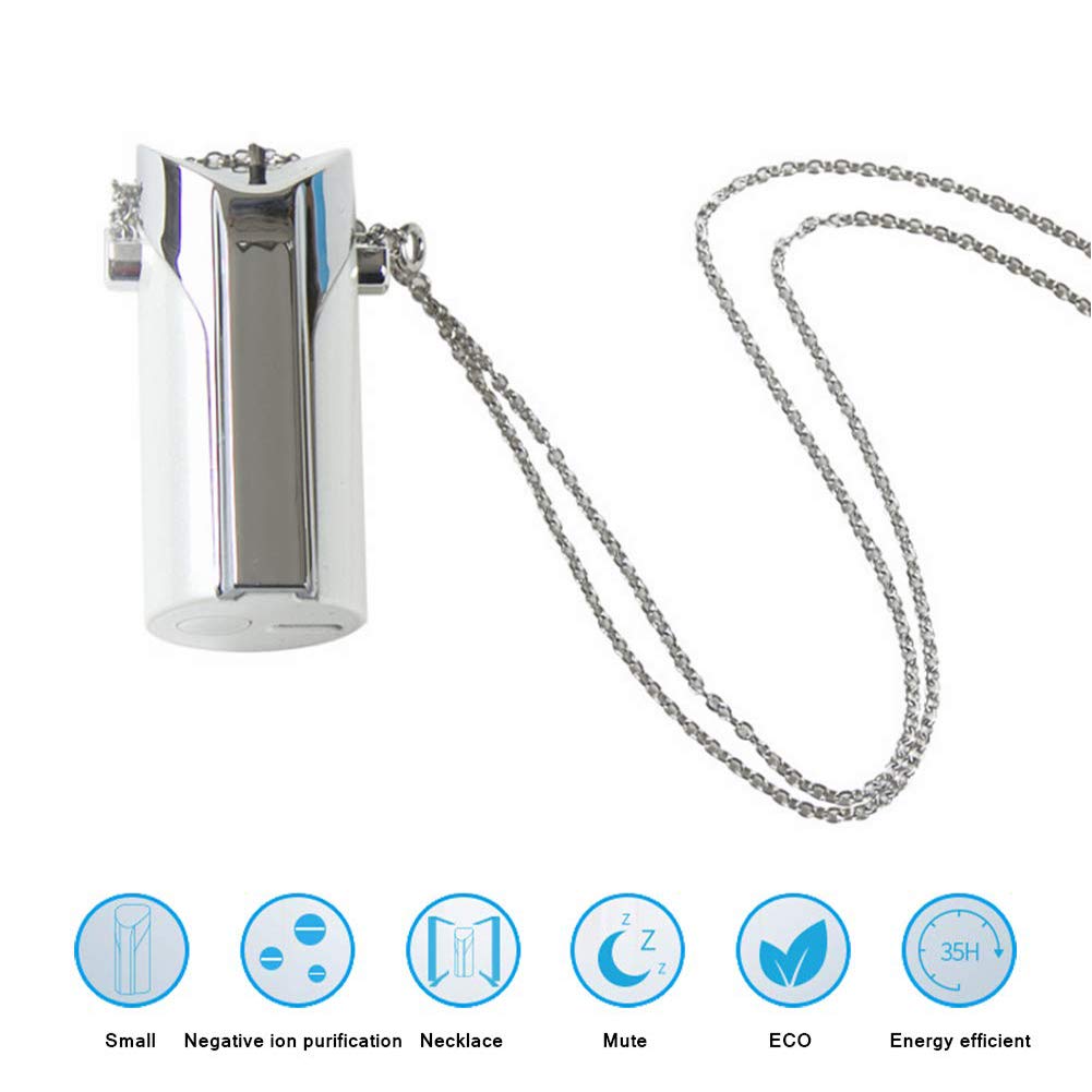 POEO Personal Air Purifier Necklace, Rechargeable and Portable Necklace Negative Ion Generator with USB Charging Function, Home Mini Air Lonizers,Silver Metal Chain