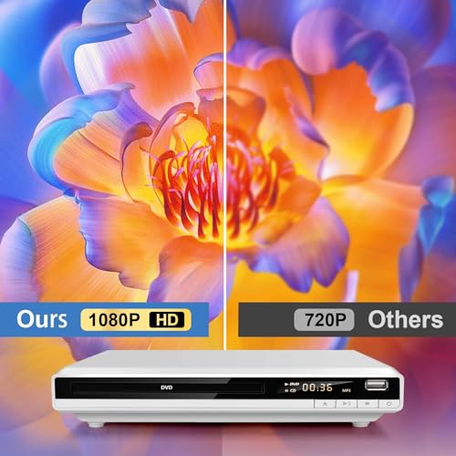 HDMI-DVD-Player, Regionenfreier DVD Spieler für Fernseher, HD 1080P DVD-Player HDMI mit USB-Eingang, Fehlerkorrektur, Compakt DVD-CD-Player unterstützt PAL/NTSC TV System (Weiß) – Bild 8