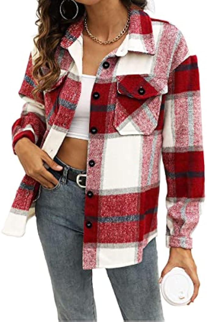 AUTOMET Womens Casual Plaid Shacket Wool Blend Button Down Long Sleeve Shirt Fall Jacket Shackets