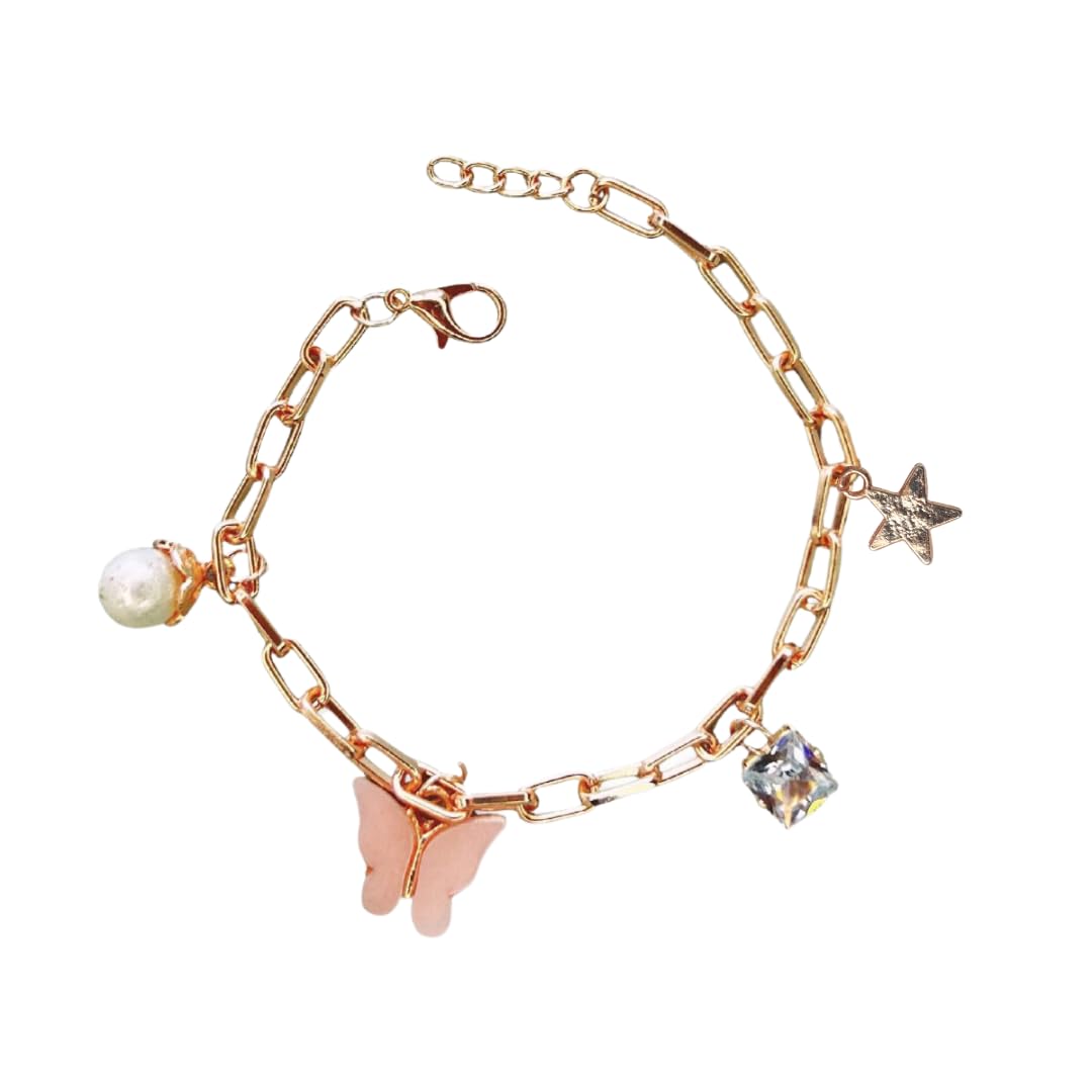 Rack Jack Rose Gold Plated Pink Charms Bracelet Butterfly Pearl Diamond Adjustable Free Size | Birthday Gift for Girls and Women Anniversary Gift for Wife (B0BWYP3MVR) Amazon Price History, Amazon Price Tracker