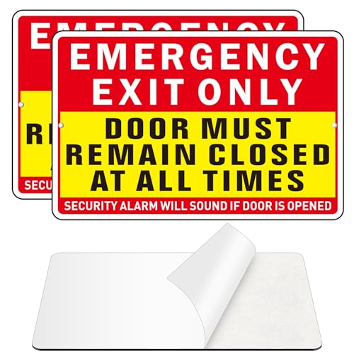 Emergency Exit Only Sign (2 Pack) Self Adhesive Emergency Exit Sign Sticker for Door Rust Free and Reflective Aluminum Metal Signs for Wall (9 x 6 inches Red/Yellow)