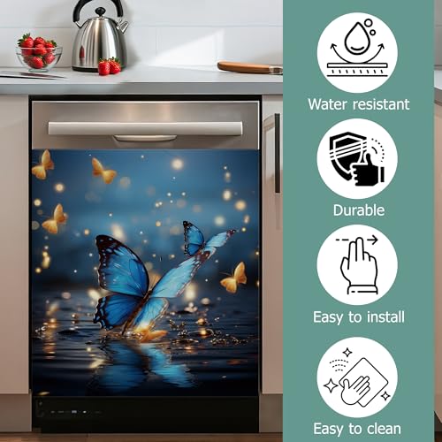 Image of Dishwasher Cover,Blue Butterflies Reusable Dishwasher Magnet Cover,Decorative Glitter Butterfly Magnetic Refrigerator Cover Front Panel Cover for Kitchen Decor 23x26 Inch