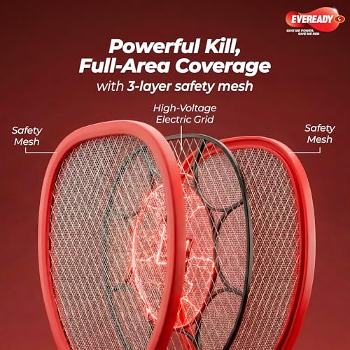 Image of Eveready PowerZap Pro Mosquito Racquet with LED Light & Large Mesh Area, Powered by 500mAh Li-Ion Battery, Kills up to 5000 Mosquitoes & Flies on a Single Charge, Shock-Resistant,12-Months Warranty