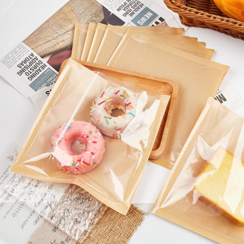 Ocmoiy 100Ct Heat-Sealable Bakery Bags With Window For Cookies Packaging, 7.1X7.5 Inches Clear Front Paper Treat Bags Donut Bags To Go, Grease-Resistant Paper Egg Sandwich Bags (100) #TOP4