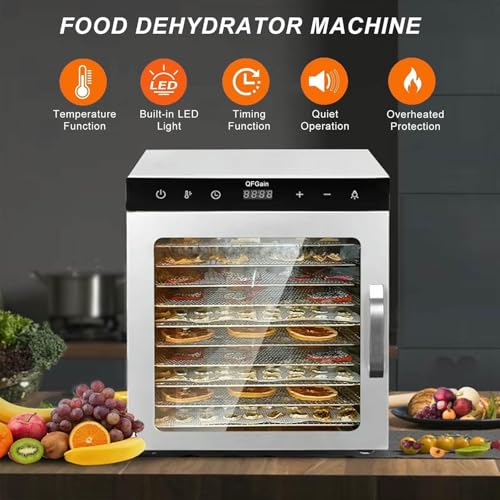 Dörrautomat mit Edelstahl-Tabletts, elektrischer Föhn für Obst, Gemüse und Fleisch, ideal für gesunde Snacks und Lebensmittelkonservierung (220 V, 10 Schichten)