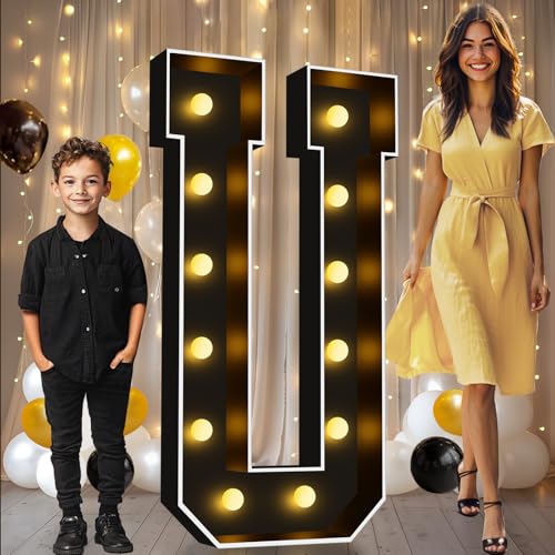 Image of Pooqla 4FT Marquee Light Up Letters, Black Large Letter U Party Decorations | LED Marquee Letters 4 Feet Tall, Black Giant Mosaic Letters Gift for Boys Men Birthday Anniversary Wedding Decoration