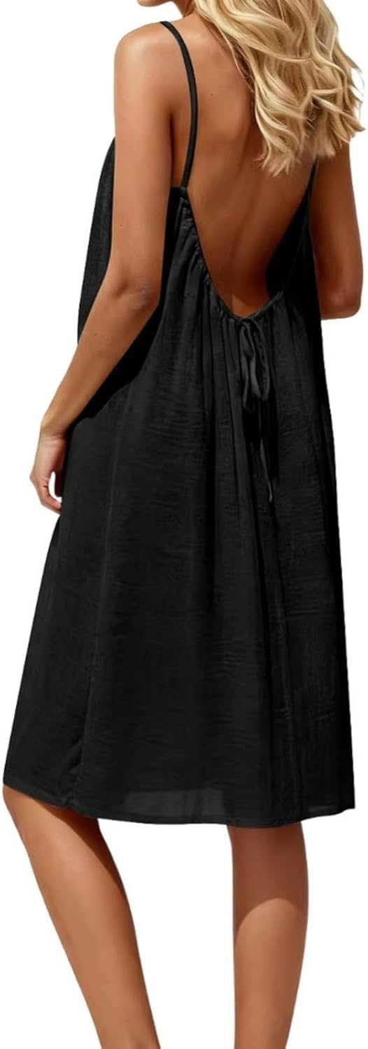 Women's Backless Halter Sleeveless Dress, Casual Beach Vacation Dress