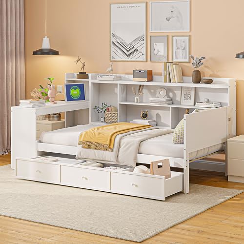 SOFTSEA Twin Size Daybed with Storage Drawers & Bookcase, Wood