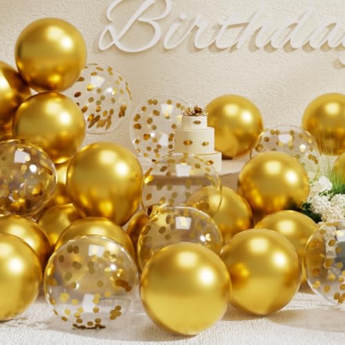 Image of SUWEN Metallic Gold and Confetti Balloons Set 47PCS Latex Helium Chrome | Gold Balloon for Birthday Graduation Anniversary Party Decorations
