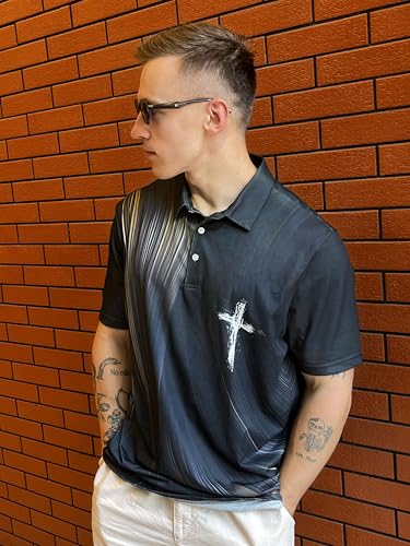 Polo deportivo cristiano para golf, camiseta negra de rendimiento con diseño de cruz dorada, manga corta miniatura 6