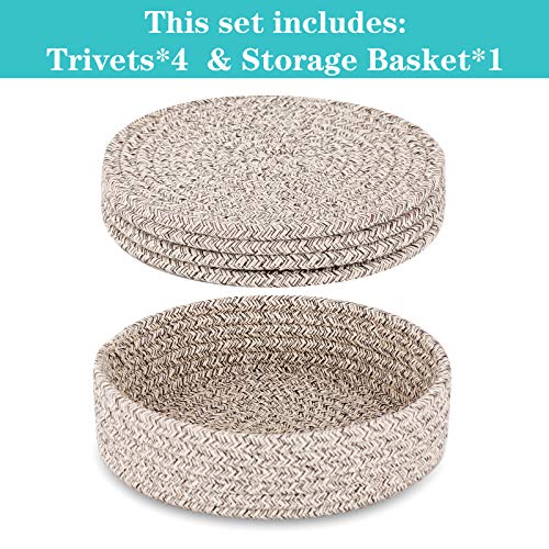 Trivets for Hot Dishes, Pots and Pans, Hot Pads with Storage Basket, Pot Holders for Kitchen, Heat Resistant Mat Protect Counter Home Essentials, Farmhouse Decor (Brown 4 PCS) by Cazzon - Image 2