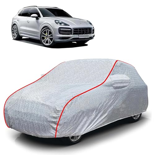 Image of Sulfar 100% Waterproof Car Body Cover Compatible with Mirror for Porsche Cayenne (Triple Stitched, Full Bottom Elastic, Magic Silver with Red Piping)