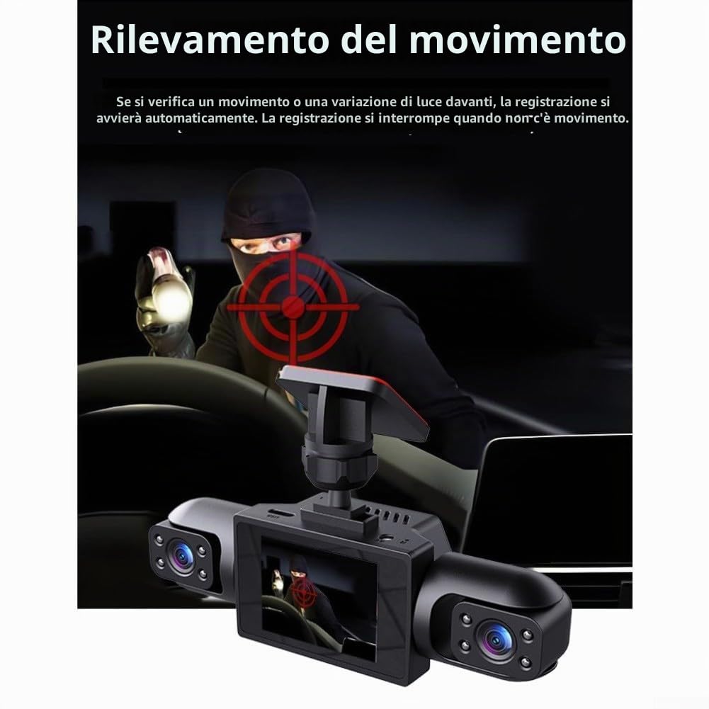 Sistema di Dashcam per Auto a Vista Completa 360° con Fotocamera Anteriore 4K UHD e Lenti Laterali Posteriori 1080P, Display IPS da 3,16 Pollici, Rilevamento di Movimento e Registrazione Ciclica per
