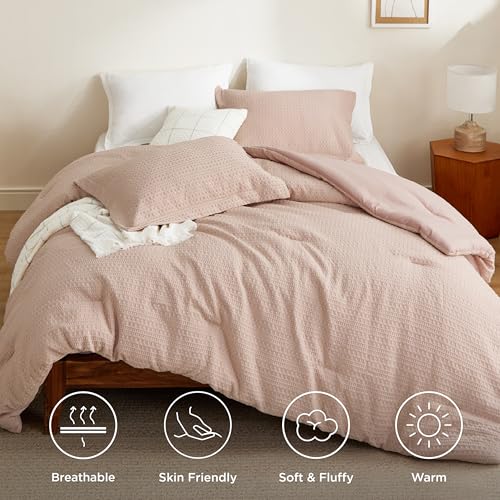Image of Bedsure 2 piece Comforter Set,Waffle Comforter Set Twin, All Seasons Dusty Pink Bedding Comforter Set,1 Waffle Weave Comforter (68 inchx88 inch) and 1 Pillow Sham (20 inchx26 inch+2 inch)