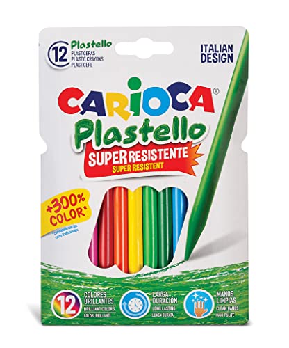 CARIOCA Plastello, Pastelli a Cera Lavabili per Bambini, Resistenti, Colori Assortiti e Brillanti, Facili da Temperare, 12 Pezzi