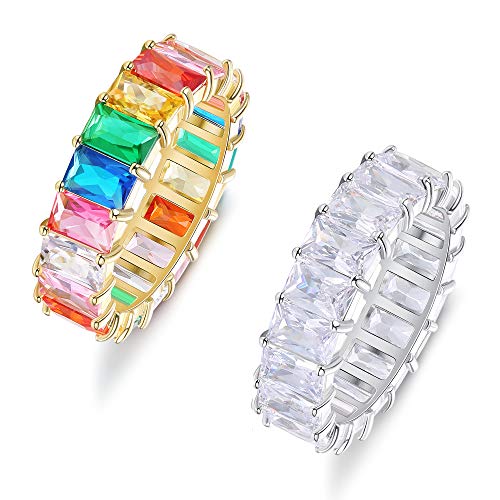 Milacolato 2 Pcs Emerald Cut Eternity Band Rainbow Rings CZ Jewelry White Multuicolor Cubic Zirconia for Women Men