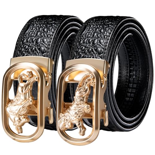 Image of Barry.Wang Mens 2 Pack Ratchet Belts Leather Adjustable 1 3 /8 inch Gift Box | Smooth Sliding,Trim to Fit,Click Belt Set for Dress Casual,Fashion Classic,Business,Birthday,Anniversary,Halloween,Christmas