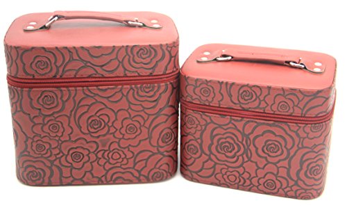 HOYOFO 2-Piece Set 3D Rose Pattern Large Makeup Case Travel Make Up Bag Cosmetic Train Cases,Brown