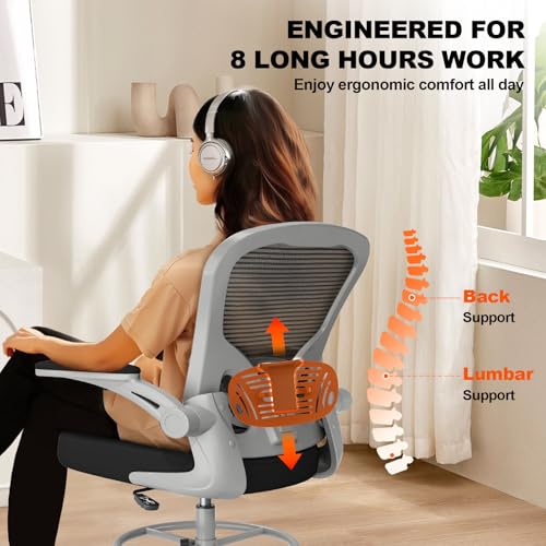 Image of Synorla Ergonomic Drafting Chair, Tall Mesh Office Chair with Flip-up Armrests, Lumbar Support Adjustable Footrest Ring for Standing Desk Gray Pink