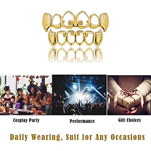 Topgrillz 14K Gold Plated Open Face Top And Bottom Grillz For Your Teeth Vampire Grill Hip Hop Cosplay Costume Rapper Accessory (Extra 2 Molding Bars) (Gold Vampire Bottom) #TOP5