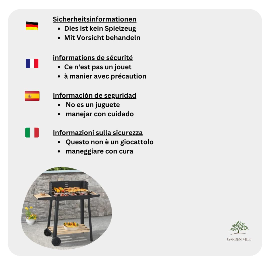 Garden Mile Parrilla de carbón con ruedas – Barbacoa de acero portátil grande con estantes de madera, altura ajustable, ahumador al aire libre para jardín, patio y cocina al aire libre
