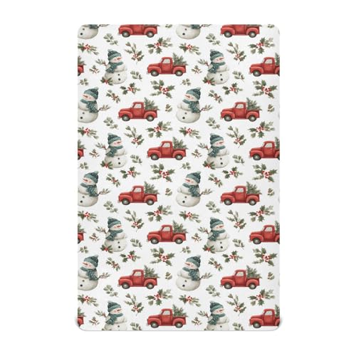 Image of Baby Crib Sheet Cute Christmas Snowman Red Truck Holly Crib Mattress for Boys and Girls Playard Sheet Soft Breathable Fitted Baby Mattress Cover 52x28in