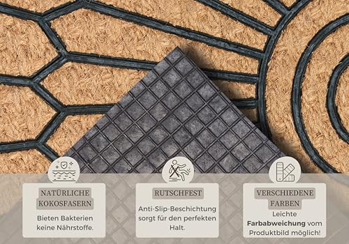 Hanse Home Kokos & Gummi Fußmatte Halbrund für Innen und Außen - Outdoor Schmutzfangmatte Natur, Kokosmatte Outdoor Ornamente, Wetterfest und rutschfest für Flur, Terrasse, Eingangsbereich - 45x75cm