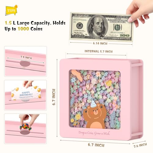 Image of Summidate Wooden Piggy Bank for Kids Girls, Money Savings Bank with Clear Removable Windows and DIY Stickers, Kids Visual Cash Vault Box for Teens, Birthday