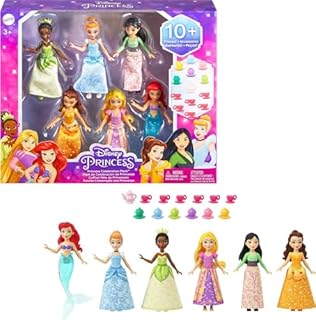 Disney Princess Toys, 6 Posable Small Dolls with Sparkling Clothing and 13 Tea Party Accessories Inspired by Disney Movies, HLW91