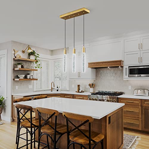 Image of Kitchen Island Lighting Modern Light Fixture Gold Pendant Light Dimmable LED Gold Brass Finish Mini Crystal Pendant Lights for Dining Room Living Room(3-Light)