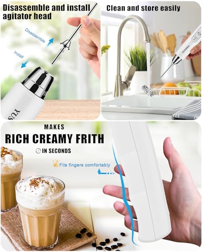 Image of YUSWKO Rechargeable Milk Frother Handheld Frother Wand Drink Mixer for Coffee, Electric Whisk 3 Speed Adjustable, Coffee Foamer Maker with 3 Stainless Whisks Ideal Stirrers for Travel - White