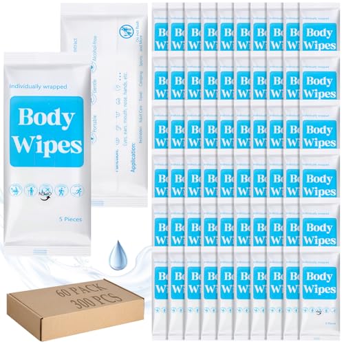Threlaco 300 Pcs 60 Pack Body Wipes for Adults Bathing No Rinse Individually Wrapped Shower Wipes Washcloth with Aloe Cleansing Body Wash Cloths Disposable Cleansing Cloth(White Background)