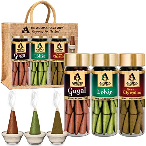 The Aroma Factory Organic Incense Cones (Gugal, Loban & Saffron Sandal) Zero Charcoal | No Bamboo | 100% Herbal Fragrance | Assorted Dhoop, 3x30 Cones with Holder