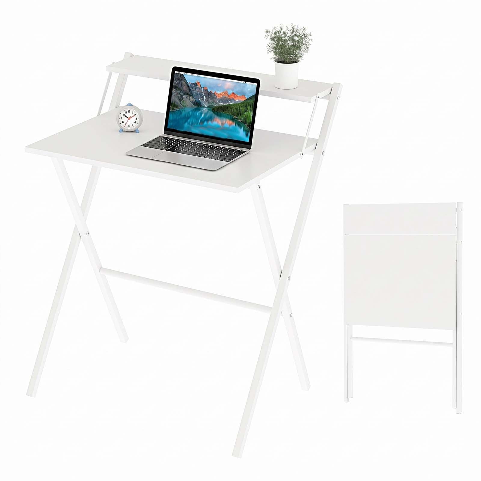 Levede Folding Desk 67.5x45cm, Portable Laptop Table with Monitor Shelf, Easy Assembly Small Desk for Bedroom Living Room, Space-Saving Computer Desk for Small Spaces, Home Office Desk, White