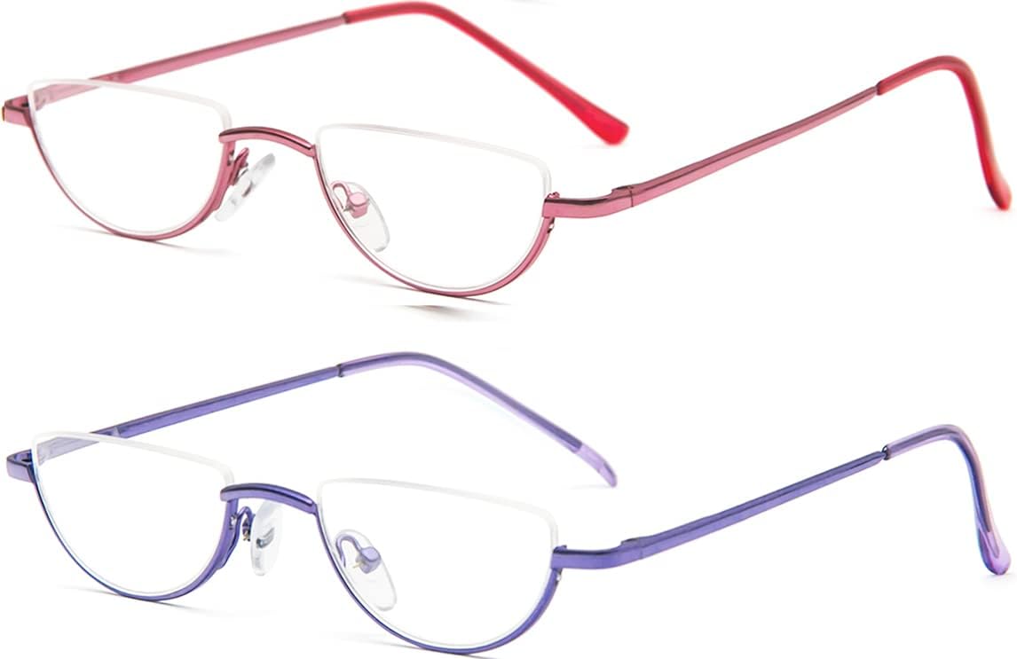 REAVEE 2 Pack Retro Designer Half Frame Reading Glasses for Women Men Spring Hinge Half Moon Readers Stylish Slim Eyeglasses with Pouch, Pink and Purple 2.0