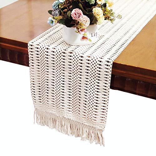 OZXCHIXU 12 x 108 Inch Macrame Table Runner ,Cotton Crochet Lace Boho Table Runner ,Table Runner with Tassels for Bohemian Rustic Wedding Bridal Shower Home Dining Table Decor